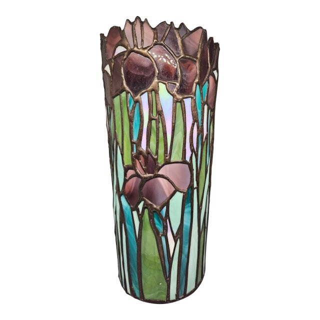 Vintage Stained Glass Pillar Candle Holder 11" | Leaded Glass Iris Candlestick Cover For Sale