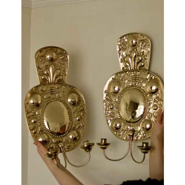 Large Mid-Century Swedish Baroque Style Brass Sconces, Set of 2 For Sale - Image 6 of 18