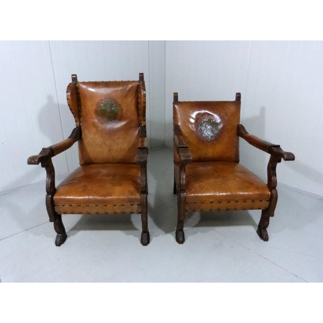 Set of Antique Leather Armchairs with Carps Print, 1890s For Sale - Image 12 of 18