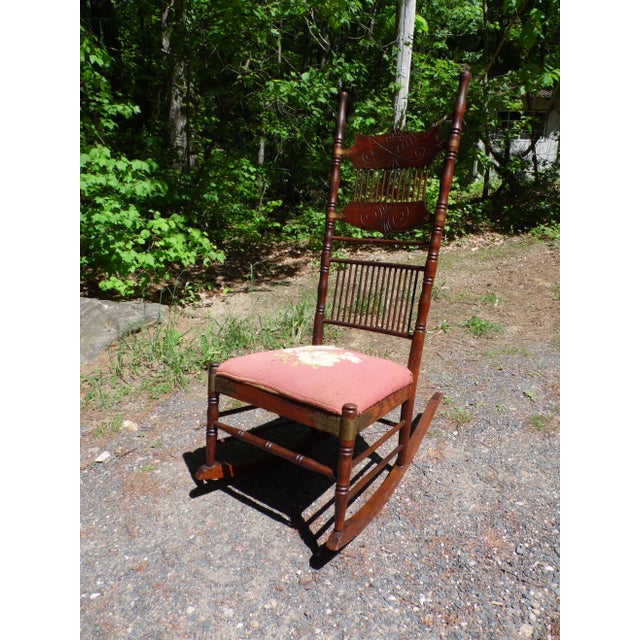 Wood Antique Spoon Carved Solid Oak Spindle Back Rocker Needlepoint Rocking Chair For Sale - Image 7 of 12