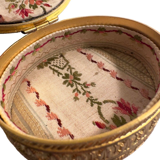 Metal Antique French Neoclassical Ormolu Box With Dancing Muse & Stripe Tapestry Lining, Belle Époque, Circa 1900 For Sale - Image 7 of 12