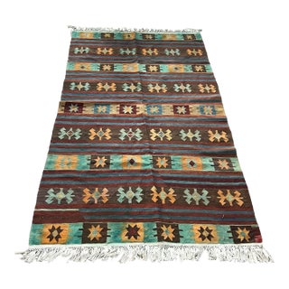Vintage Turkish Turquoise Kilim Rug For Sale