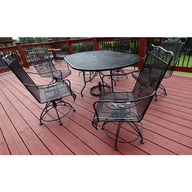 Meadow Craft “Dogwood” Wrought Iron Swivel Rocker Dining Chairs with 72″ Wrought Iron Dining Table – Professionally Coated...