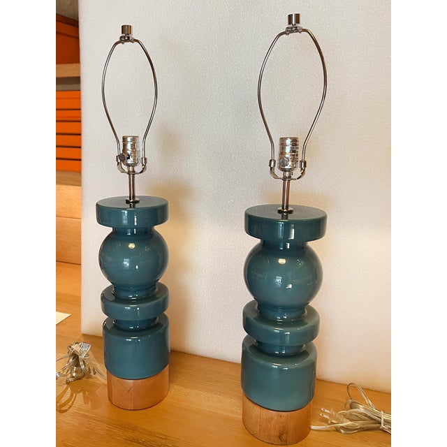 Modern Modern Ceramic Table Lamps in Majestic Blue - A Pair For Sale - Image 3 of 6
