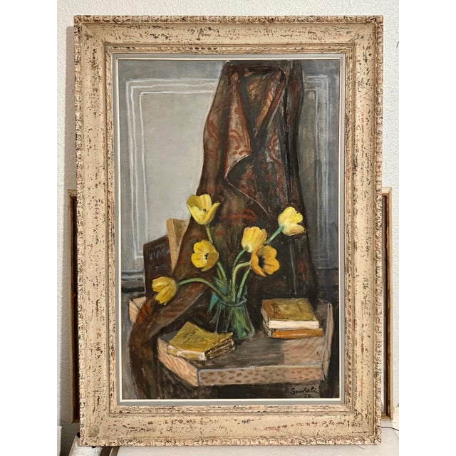 1970s Jean Souverbie, Large French Modernist Nabi Oil Painting Jean Souverbie Still Life Tulipes Jaune, 1970 For Sale - Image 5 of 9