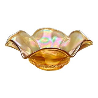 Antique Imperial Glass “Optic Flute” Marigold Carnival Glass Ruffled Bowl For Sale