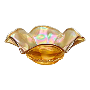 Antique Imperial Glass “Optic Flute” Marigold Carnival Glass Ruffled Bowl