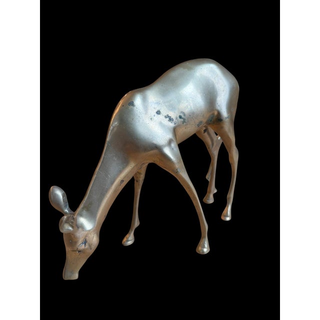 1960s Large Vintage Patina Brass Pair Deer Buck Doe For Sale - Image 5 of 9