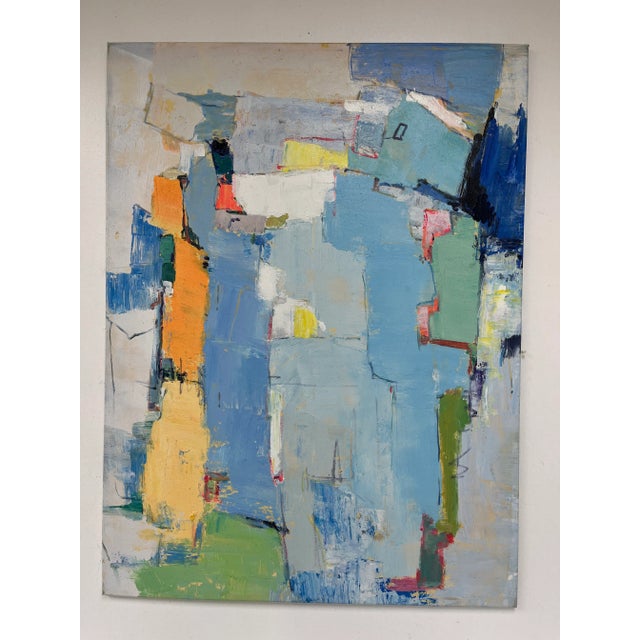 A bold and expressive abstract original oil painting on canvas, featuring layered blocks of blue, orange, green, yellow,...
