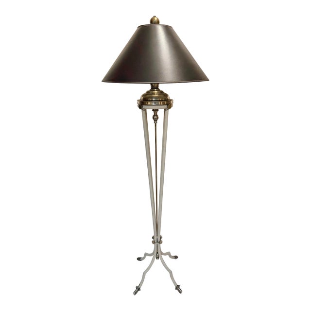 1980s Post-Modern Brass and Metal Floor Lamp With Black Shade by Hart Associates - Art Deco Style For Sale