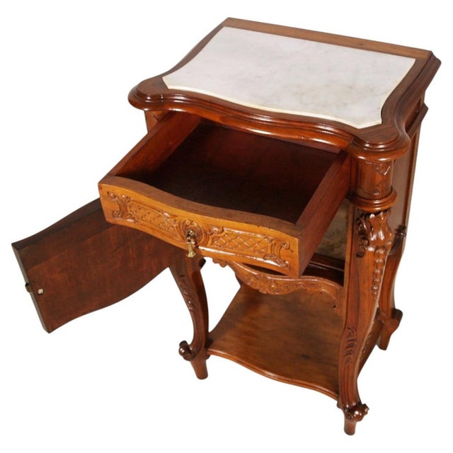 Rococo Italian Hand-Carved Walnut Bedside Tables with Marble Tops, 1940s, Set of 2 For Sale - Image 3 of 9