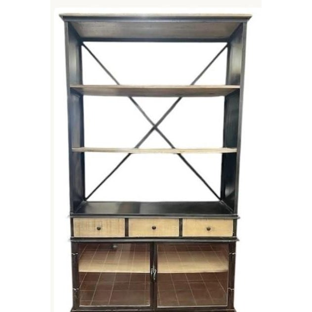 Huge Industrial Open Shelf Iron & Teak Wood Glass Door Bookcase For Sale - Image 4 of 7