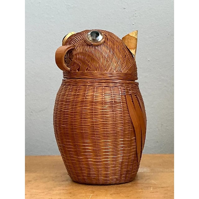 Camel Vintage Shanghai Weave Rattan Owl Basket For Sale - Image 8 of 12
