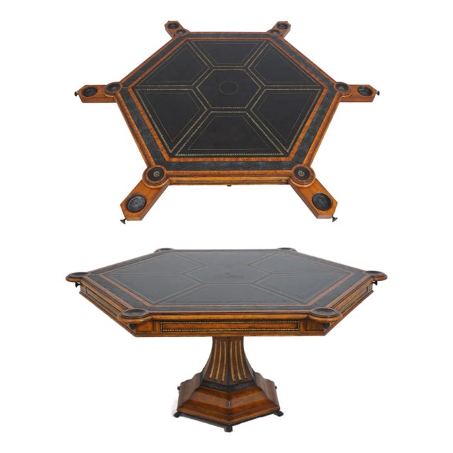 Maitland-Smith Hexagon Six-Drawer Leather Top Game Table For Sale
