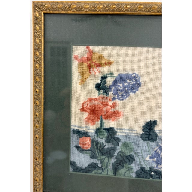 1990s Vintage Framed Floral Needlepoint After Hokusai – Poppies and Butterfly For Sale - Image 5 of 9