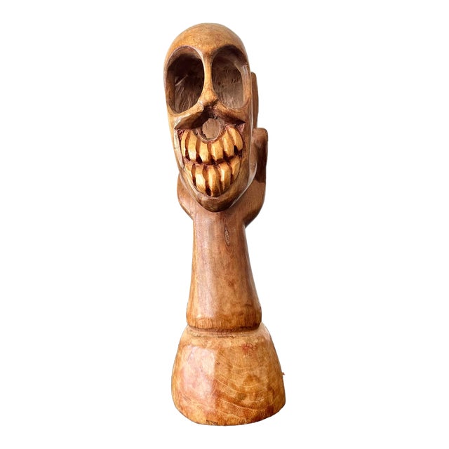 Late 20th Century Vintage Boho Hand Carved Wood Skull in Hand Sculpture For Sale