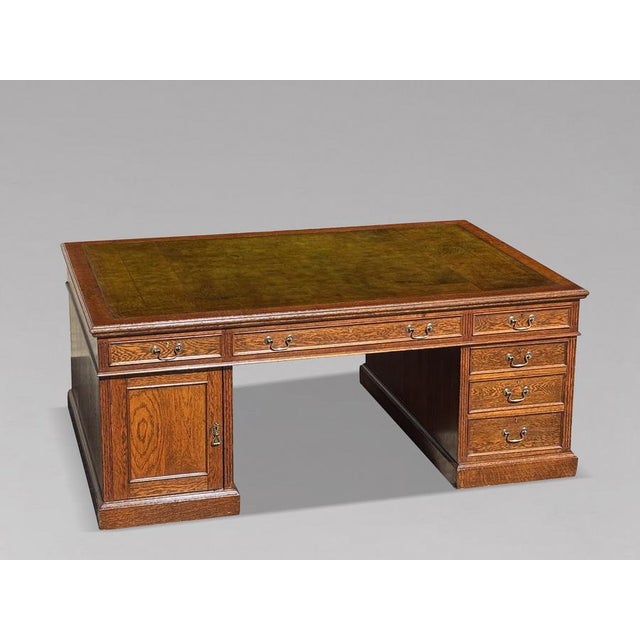 Large Antique Oak Pedestal Partners Desk, 1880 For Sale - Image 13 of 13
