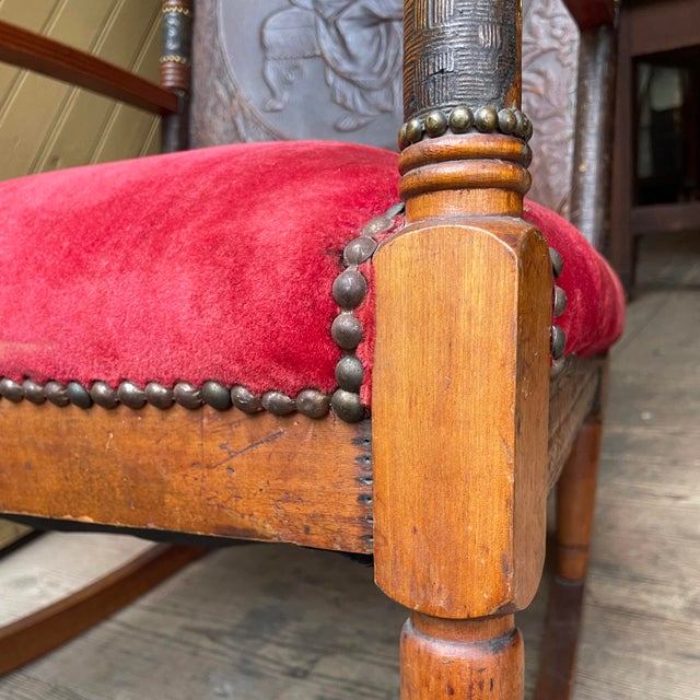 Mid 19th Century Victorian Aesthetic Movement Rocking Chair With Embossed Leather Back and Satyr Finials For Sale - Image 9 of 17