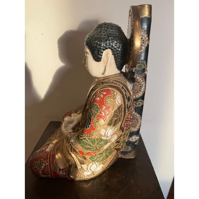 Satsuma Vintage Japanese Satsuma Porcelain Buddha Moriage Gilt Statue 10" Immortal For Sale - Image 4 of 14