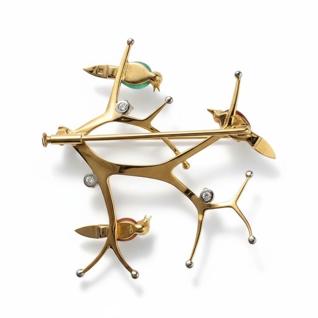 Metal Vintage 14k Yellow Gold Multi-Stone Birds on Branches Brooch Pin For Sale - Image 7 of 8