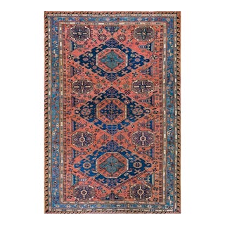 1890s Red Blue Tribal Geometric Antique Caucasian Sumak Rug 7'6" X 10'6" Flatweave Wool Carpet For Sale