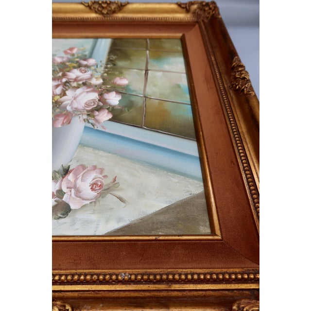 Textile Vintage Original Oil on Canvas, Pink Roses Still Life — Signed Emily, 1983, Ornate Gilt Frame For Sale - Image 7 of 7