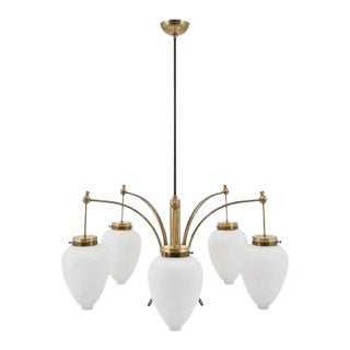 1950s Stilnovo Elegant Five-Arm Brass Chandelier With Frosted Glass Drops For Sale