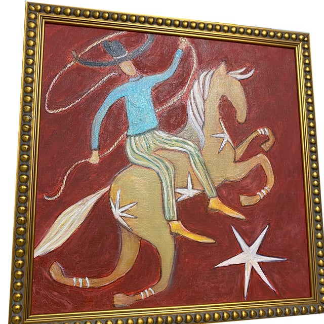 Original Cowboy Horse Painting in Gilded Frame | Small Fine Art Acrylic | Whimsical Equestrian Art | Palm Beach Style | 13 X 13 Framed For Sale - Image 4 of 5