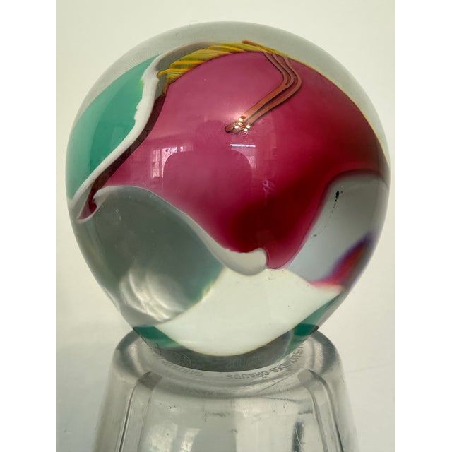 Signed James R. Wilbat Jr Hand Blown Art Glass Paperweight Orb Sculpture 4” Colorful For Sale - Image 11 of 12
