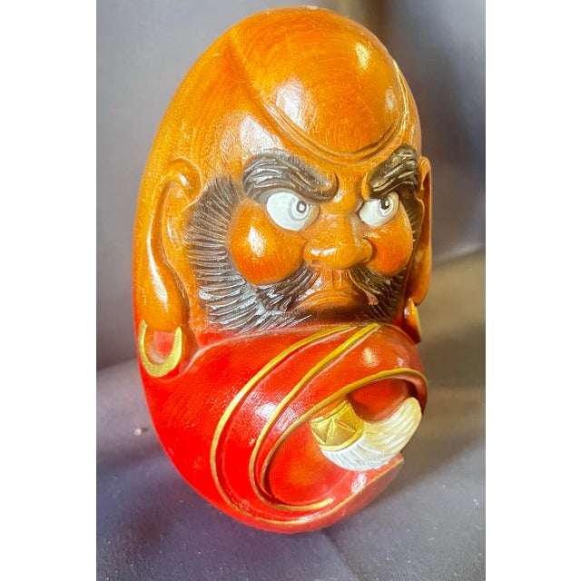 Hand Carved Japanese Daruma Doll Wood 7” Bodhidharma Red Figure For Sale - Image 4 of 12