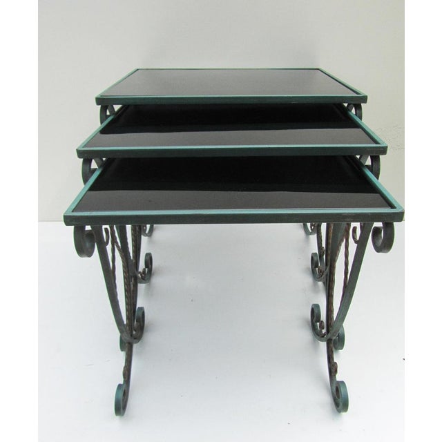 French Black Glass Nesting Tables in Wrought Iron, 1940s, Set of 3 For Sale - Image 4 of 16