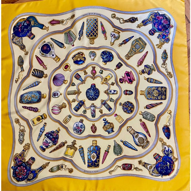 Yellow HERMÈS FLACONS Silk scarf 1988 designed by Baschet Catherine For Sale - Image 8 of 10