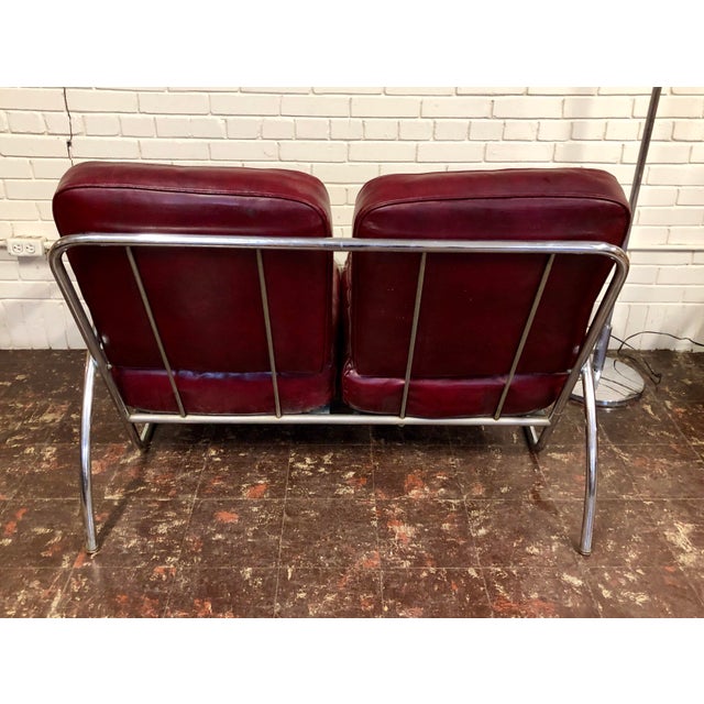 1930s Vintage Art Deco Machine Age Red Vinyl Chrome Sofa Settee