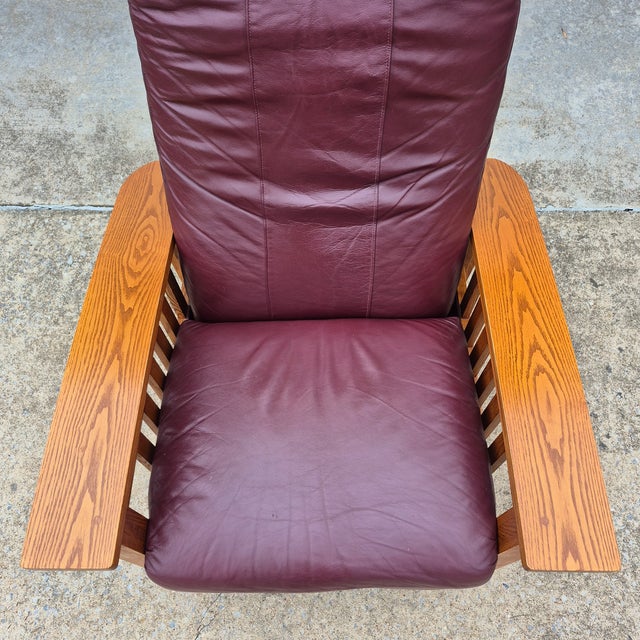 Wood 2002 BarcaLounger Mission Arts & Crafts Style Leather and Oak Manual Recliner Arm Chair For Sale - Image 7 of 14
