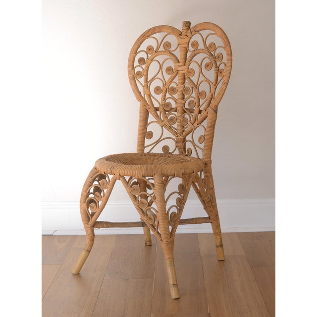 Mid-Century Modern Vintage 1970s Boho Bamboo & Rattan Heart Back Chair For Sale - Image 3 of 17