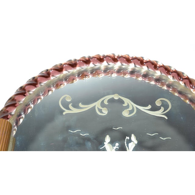 1950s Round Venetian Etched Rope Burgundy Art Glass Mirrored Tray Bronze Handles For Sale - Image 11 of 18
