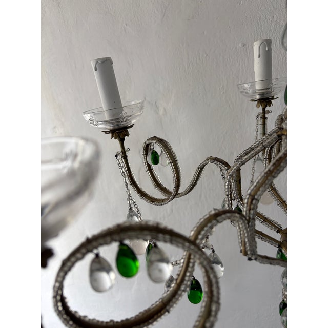 French Maison Baguès Murano Green Drops Beaded Scrolls Chandelier Rare C 1940 For Sale - Image 15 of 18