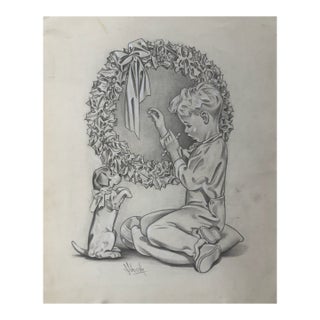 1940s Original Signed Graphite Illustration of Boy With Dog and Christmas Wreath, 12 × 9.5 In. For Sale