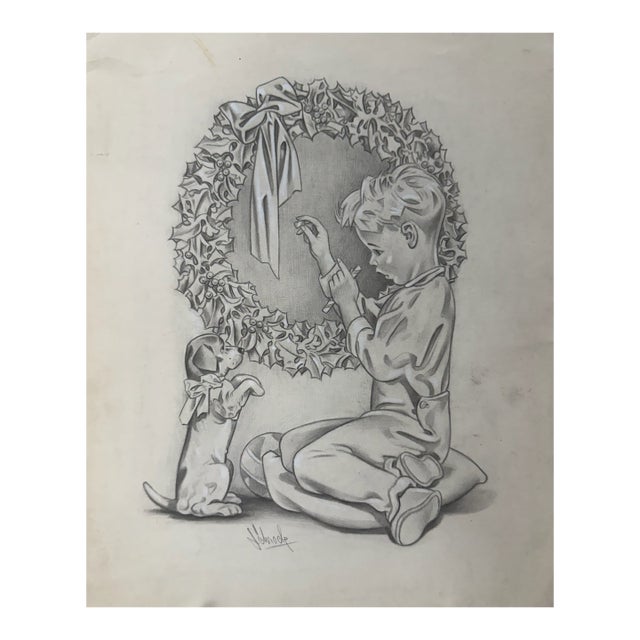 1940s Original Signed Graphite Illustration of Boy With Dog and Christmas Wreath, 12 × 9.5 In. For Sale