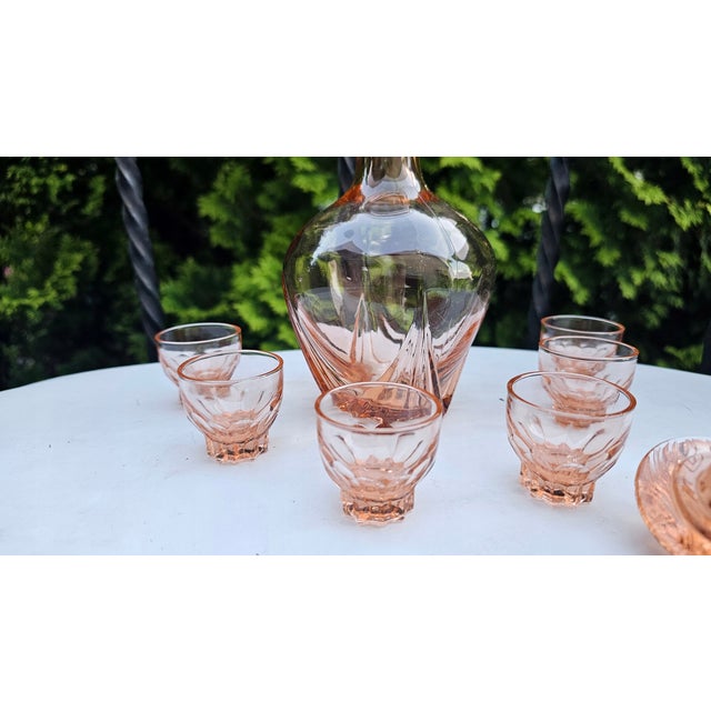 Glass Art Deco Rosaline Glass Decanter and Glasses, 1930s, Set of 7 For Sale - Image 7 of 8