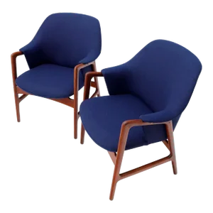 New Blue Wool Upholstery Teak Frames Danish Mid-Century Modern Lounge Chairs - a Pair