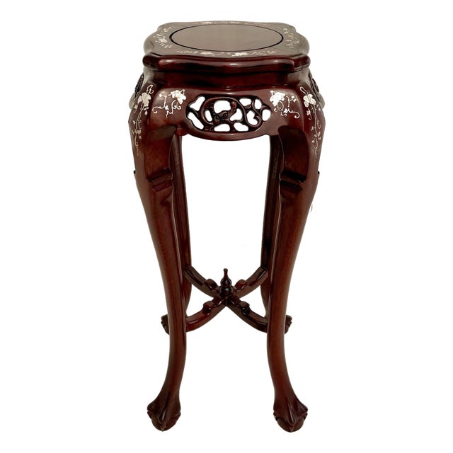 Vintage Chinese Rosewood & Mother-of-Pearl Inlaid Pedestal Stand For Sale