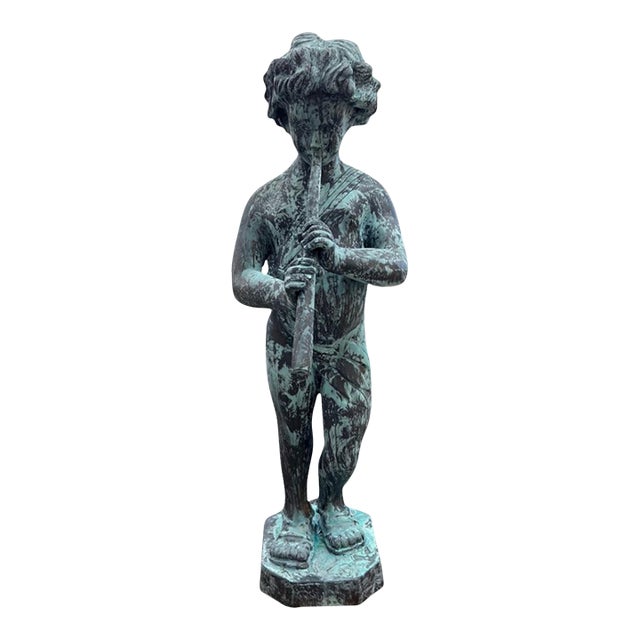 Vintage-Style Bronze Boy Playing Flute Fountain With Verdigris Patina For Sale