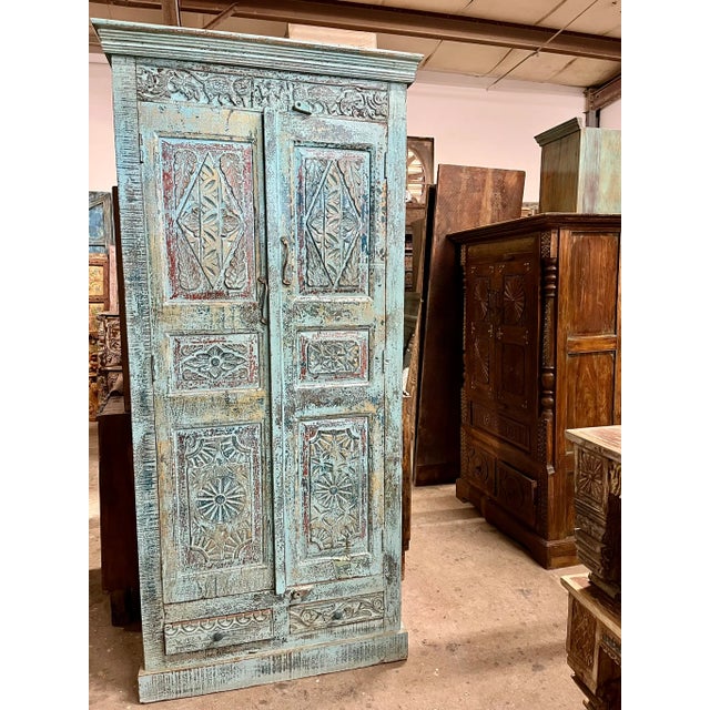 Blue Vintage Armoire Tall Artistic Carved Farmhouse Blue Patina Cabinet For Sale - Image 8 of 8