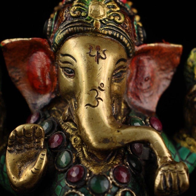 Turquoise Brass Inlaid Ganesha Statue With Coral and Turquoise For Sale - Image 8 of 8
