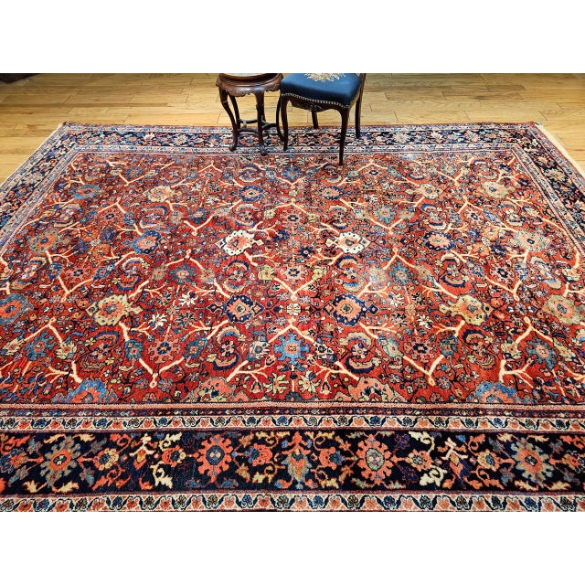 Textile Antique Persian Mahal Sultanabad Rug, Hand-Knotted Wool, Geometric Pattern, 9x13, Red & Navy For Sale - Image 7 of 18
