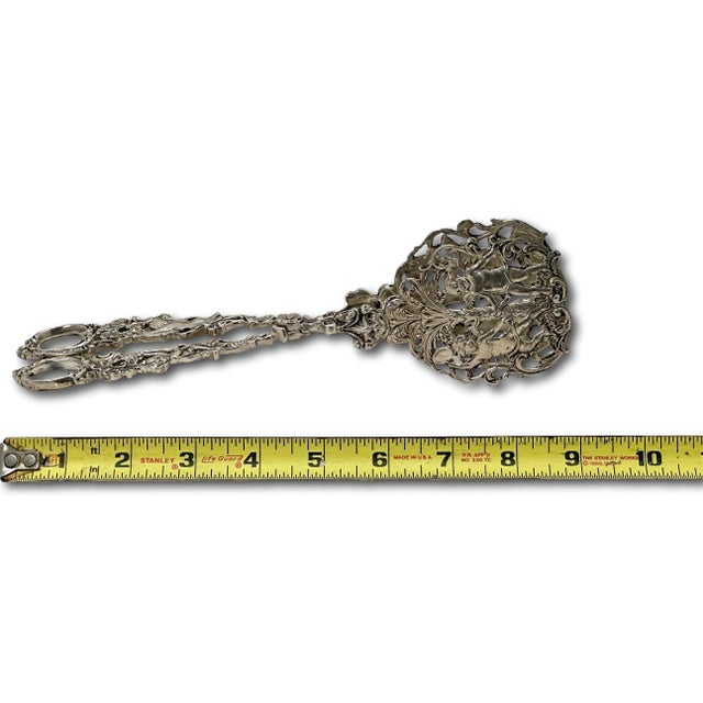 Fancy Antique Signed Peruzzi Italy Rococo Style Solid 800 Grade Coin Silver Pastry - Cannoli Serving Tongs For Sale - Image 11 of 12