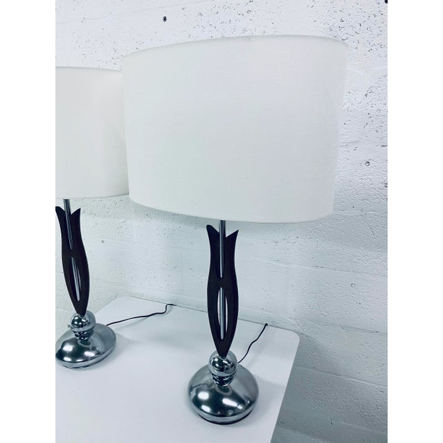 Mid-Century Modern 1970s Nova Chrome and Walnut Wood Lamps With New Cotton Linen Shades - a Pair For Sale - Image 3 of 13