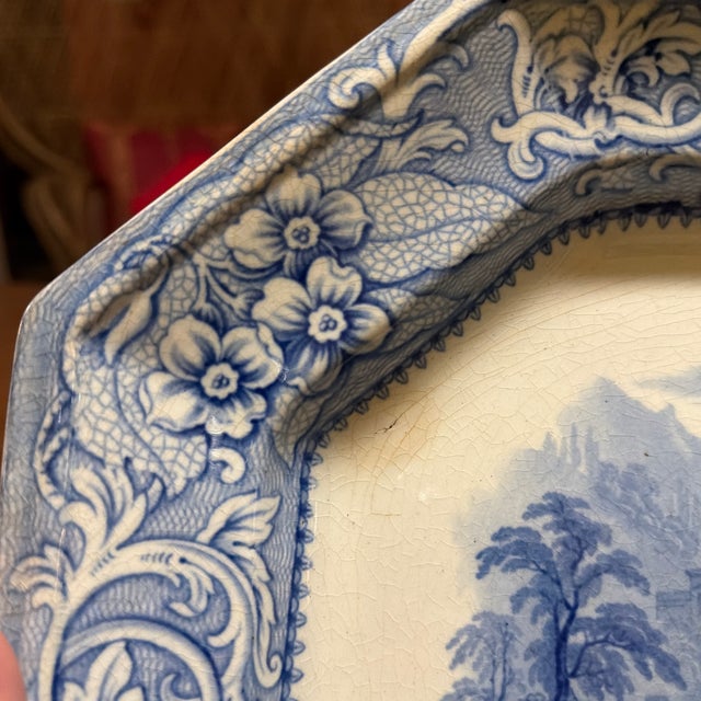 Antique English Blue Transfer Ironstone Octagonal Platter, River and Castle Scene, Circa Mid-19th Century For Sale - Image 9 of 12