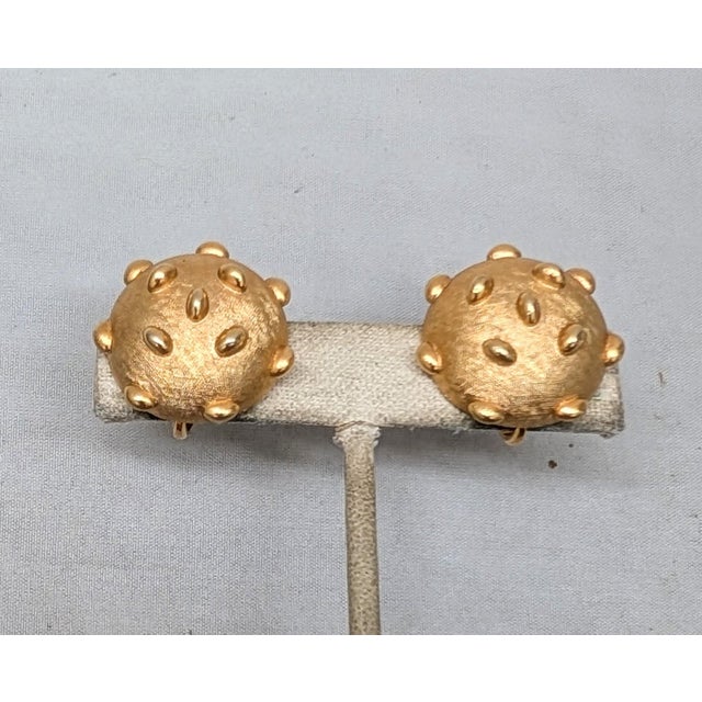 Trifari Vintage 1960s Signed Crown Trifari Round Goldtone Studded Clip Earrings-2 Pieces For Sale - Image 4 of 7